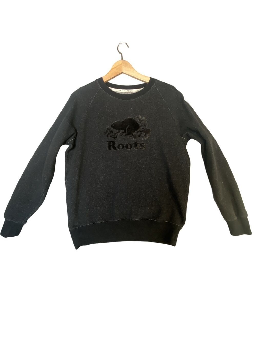 Roots Cotton Blend Black Small Lightweight Velvet Logo Crewneck Sweater Knit